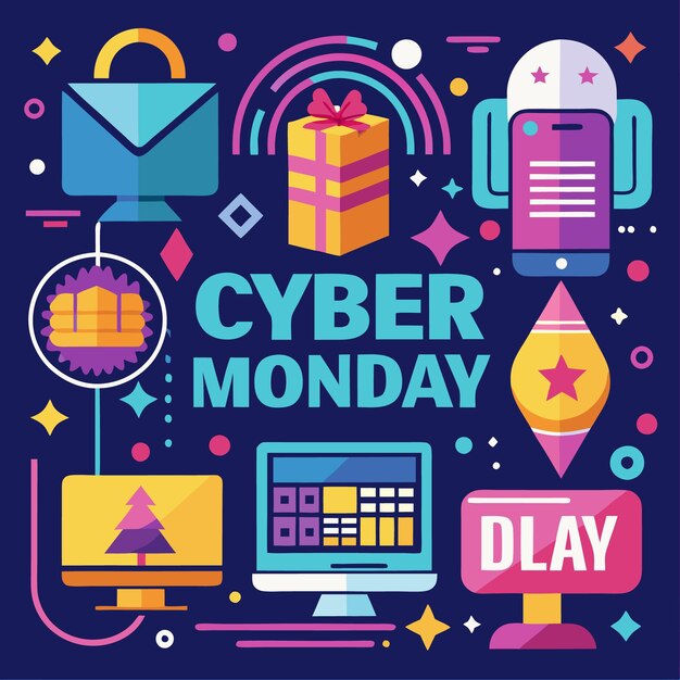 Ilustración de diseño plano colorido con iconos que representan las compras del Cyber Monday con una bolsa de compras de caja de regalos y un teléfono inteligente con un botón quotPLAYquot en un fondo azul oscuro