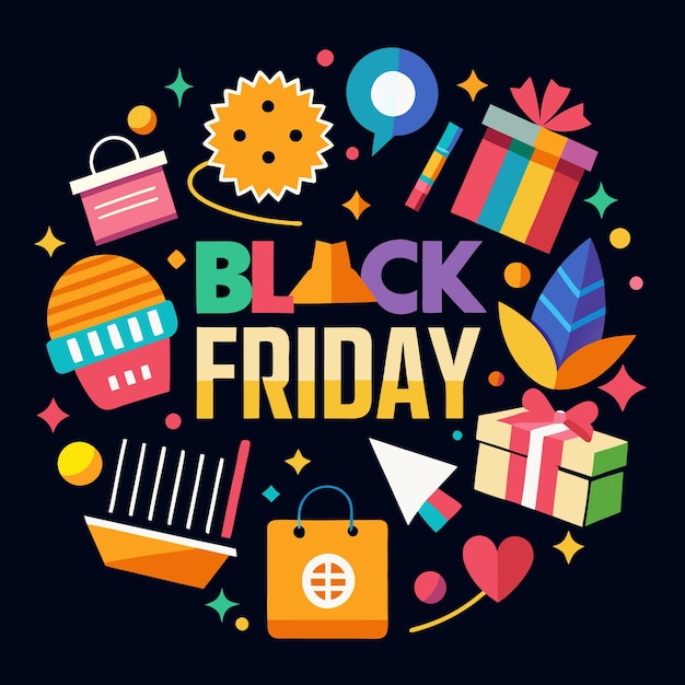 Ilustración de diseño plano colorido de la venta del Viernes Negro con bolsas de compras, regalos y otros iconos relacionados en fondo negro
