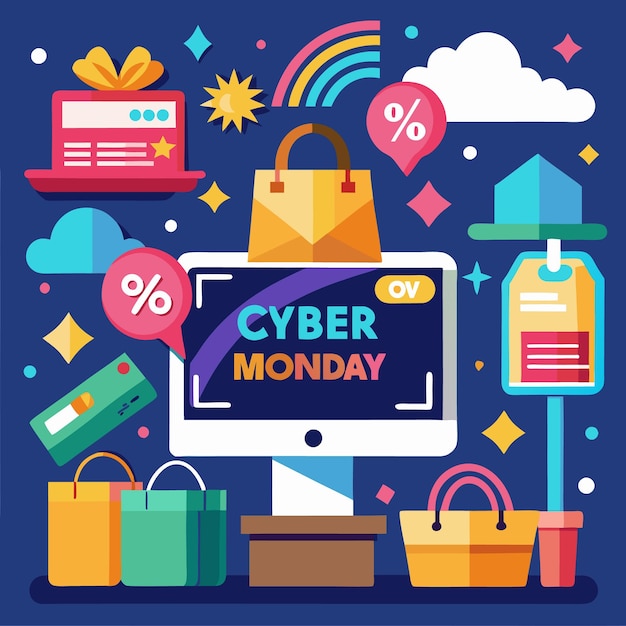 Ilustración de diseño plano de compras del lunes cibernético con una caja de regalos de computadora, bolsas de compras, signos de porcentaje y un arco iris