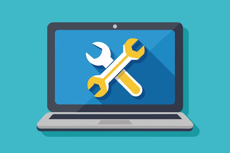 Vector una ilustración de diseño plano de una computadora portátil con una pantalla que muestra dos llaves cruzadas que representan la reparación y el mantenimiento de la computadora