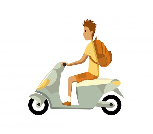 Ilustración de diseño plano creativo moderno con hombre joven que viaja en scooter retro. hombre montando ciclomotor de aspecto clásico, vista lateral