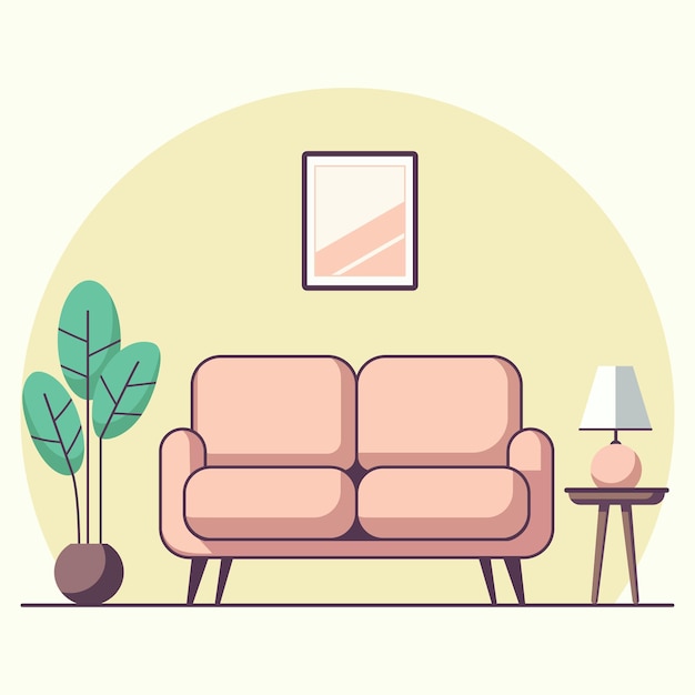Ilustración de diseño plano de la decoración del sofá y la ilustración vectorial de las plantas de la casa