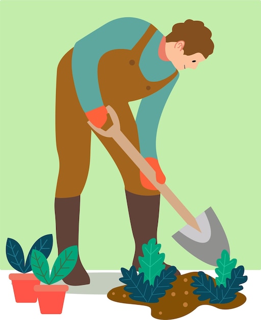 Vector ilustración de diseño plano hombre cavar el suelo y plantar cultivos