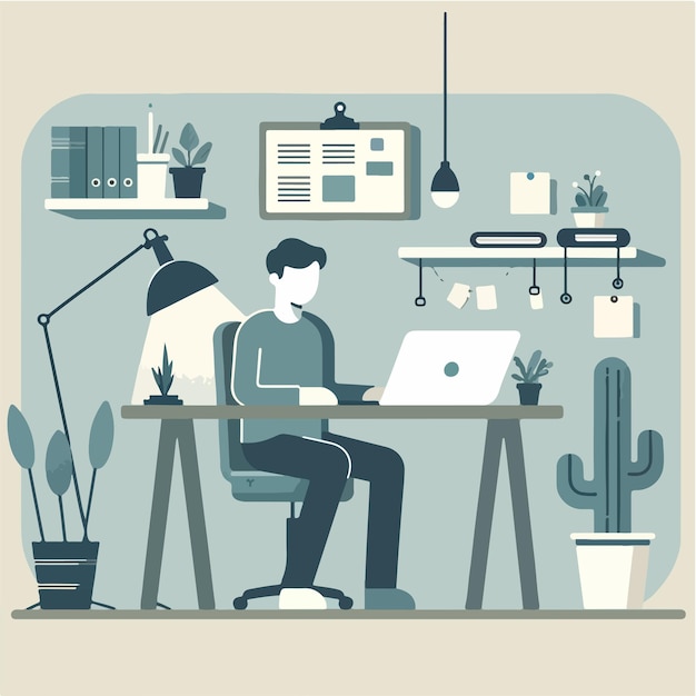 una ilustración de diseño plano de un hombre trabajando en una computadora portátil en un escritorio bien organizado