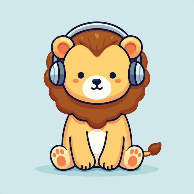 Ilustración de diseño plano con un león disfrutando de música con auriculares en un concepto de animaltech