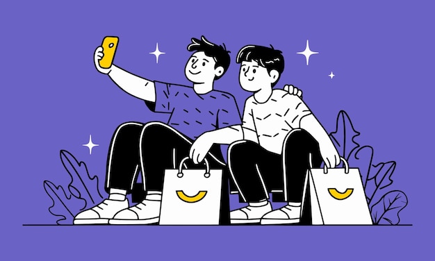 Una ilustración de diseño plano limpio y moderno de dos niños sentados con una bolsa de compras y tomando selfies