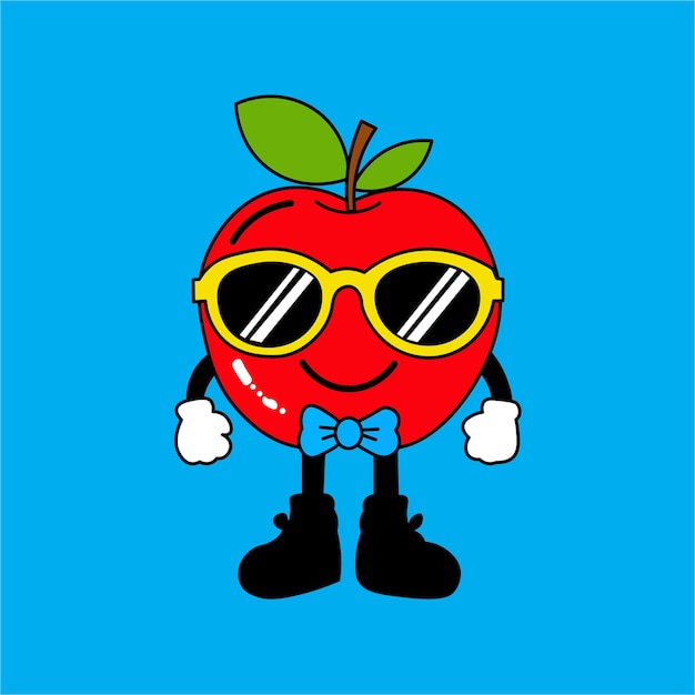 Ilustración de diseño plano Manzana de dibujos animados con gafas de sol y pajarita