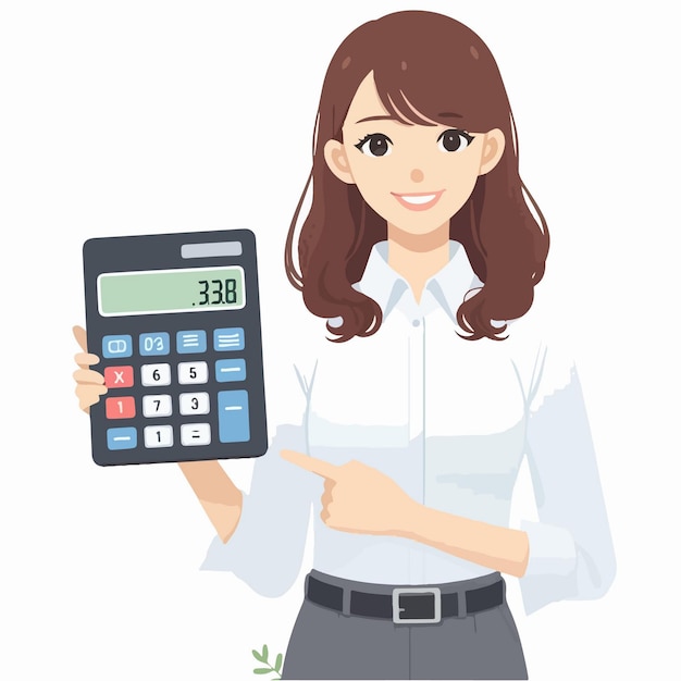 Vector ilustración de diseño plano de una mujer de negocios sosteniendo una calculadora señalando con el dedo