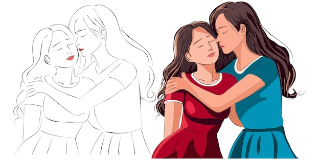 Ilustración de diseño plano de pareja lesbiana Las mujeres interraciales con una pareja romántica del mismo sexo se están abrazando