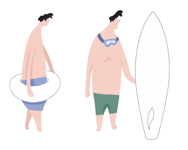 Ilustración de diseño plano de personaje de dibujos animados de surf de hombres