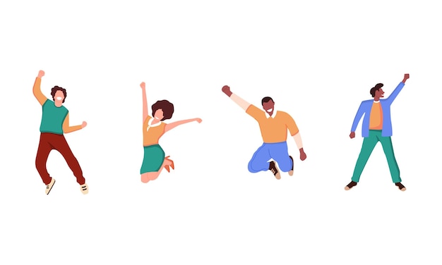 Ilustración de diseño plano de personas que celebran salto alto en el cielo colores azul naranja y verde mal
