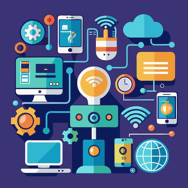 Ilustración de diseño plano de una red interconectada de dispositivos, incluidas computadoras, teléfonos inteligentes, una computadora portátil y un globo, todos conectados a través de un centro central.