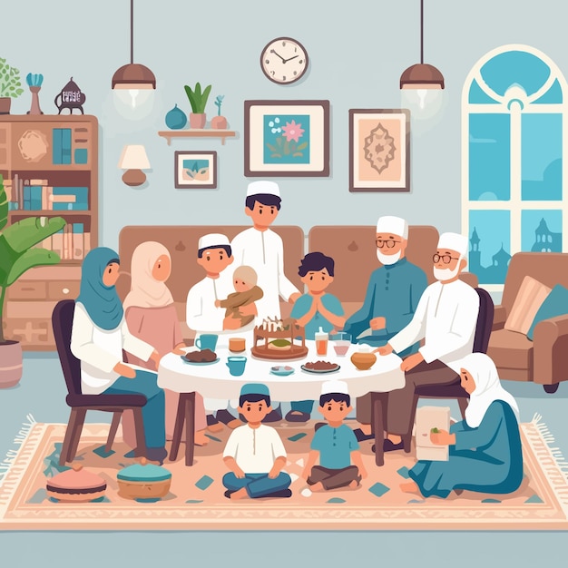 una ilustración de diseño plano de la reunión de la familia musulmana de la Sharia en Ramadán