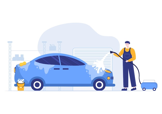 Vector ilustración de diseño plano de servicio de lavado de coches. trabajadores lavando automóviles con esponjas, jabón y agua como fondo, póster o pancarta