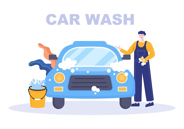 Vector ilustración de diseño plano de servicio de lavado de coches. trabajadores lavando automóviles con esponjas, jabón y agua como fondo, póster o pancarta