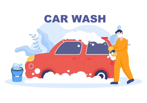 Vector ilustración de diseño plano de servicio de lavado de coches. trabajadores lavando automóviles con esponjas, jabón y agua como fondo, póster o pancarta