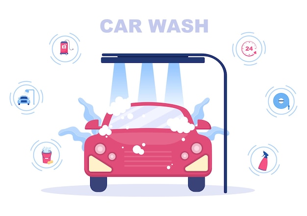 Ilustración de diseño plano de servicio de lavado de coches. Trabajadores lavando automóviles con esponjas, jabón y agua como fondo, póster o pancarta