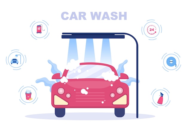 Vector ilustración de diseño plano de servicio de lavado de coches. trabajadores lavando automóviles con esponjas, jabón y agua como fondo, póster o pancarta