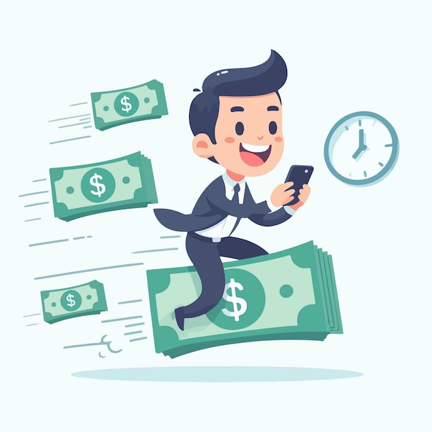 Ilustración de diseño plano del tiempo es dinero Hombre de negocios volador con dinero sosteniendo un teléfono inteligente compitiendo con el tiempo