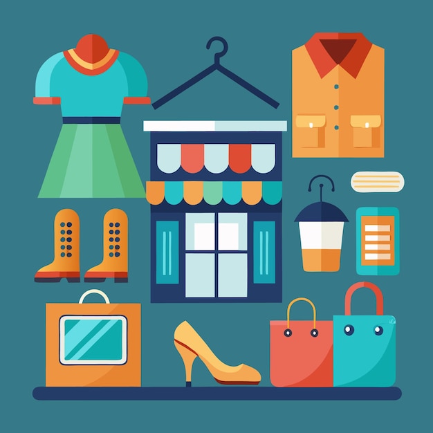 Una ilustración de diseño plano de varios iconos relacionados con las compras, incluida una tienda de ropa, bolsas de zapatos y una taza de café