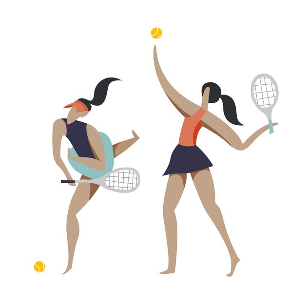 ilustración de diseño plano vectorial con una joven deportista vestida con un elegante vestido deportivo jugando al tenis
