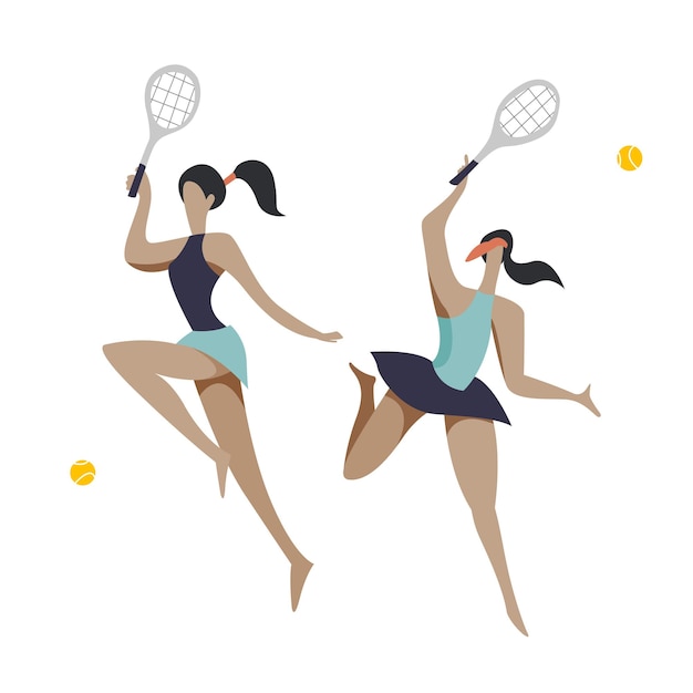 Ilustración de diseño plano vectorial con una joven deportista vestida con un elegante vestido deportivo jugando al tenis