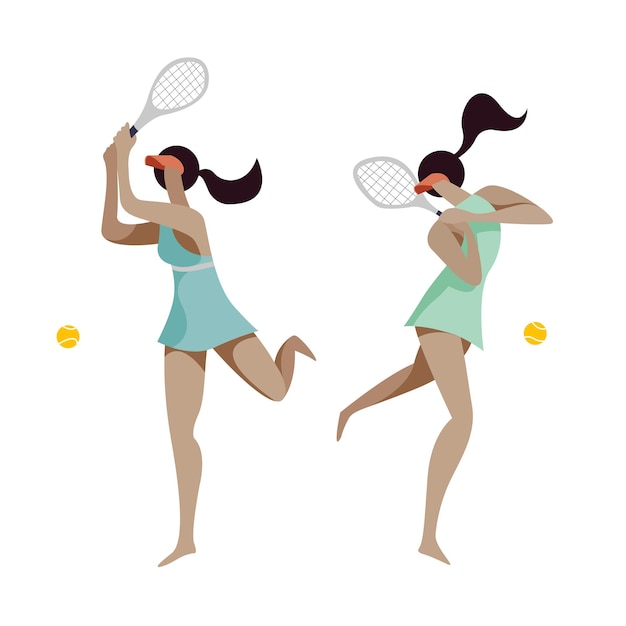 Ilustración de diseño plano vectorial con una joven deportista vestida con un elegante vestido deportivo jugando al tenis