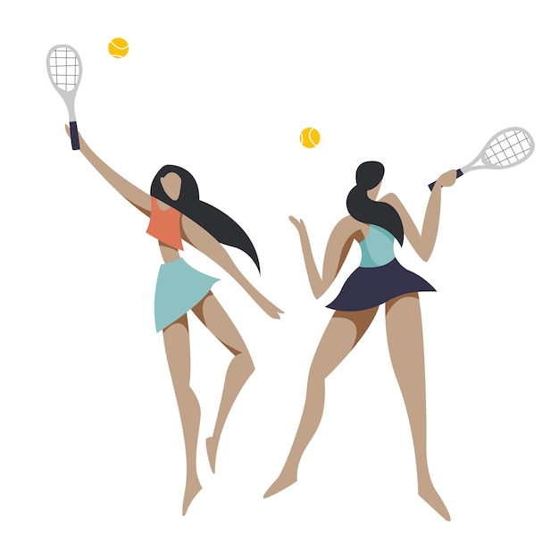 Ilustración de diseño plano vectorial con una joven deportista vestida con un elegante vestido deportivo jugando al tenis