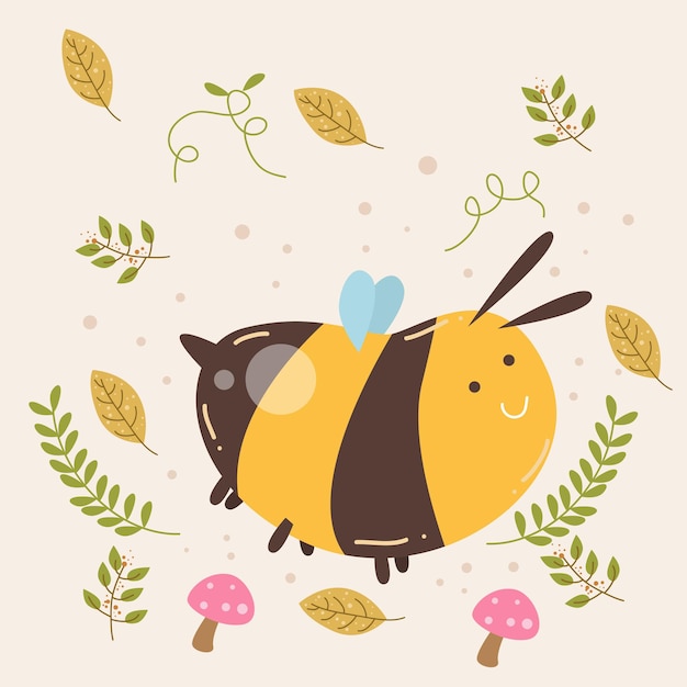 Ilustración de diseño de plantilla de vector de dibujos animados plana de personaje de actividad de abeja linda