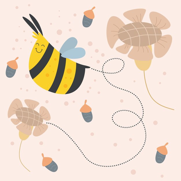 Ilustración de diseño de plantilla de vector de dibujos animados plana de personaje de actividad de abeja linda