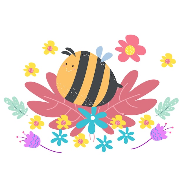 Ilustración de diseño de plantilla de vector de dibujos animados plana de personaje de actividad de abeja linda