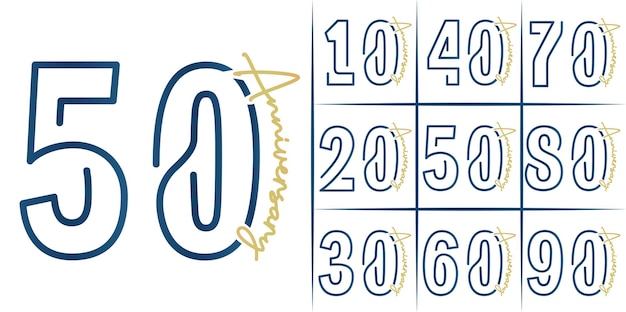 Ilustración de diseño de plantilla de vector elegante de oro y azul de celebración de aniversario de 10 a 90 años