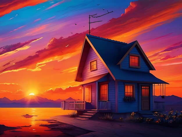 Ilustración del diseño de la puesta de sol en la casa