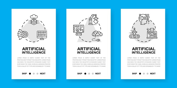 Vector ilustración de diseño de sitio web de pantallas de aplicaciones verticales de inteligencia artificial