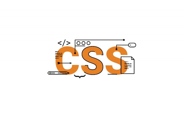 Ilustración de diseño de tipografía de letras de palabra CSS con iconos de línea y adornos en naranja