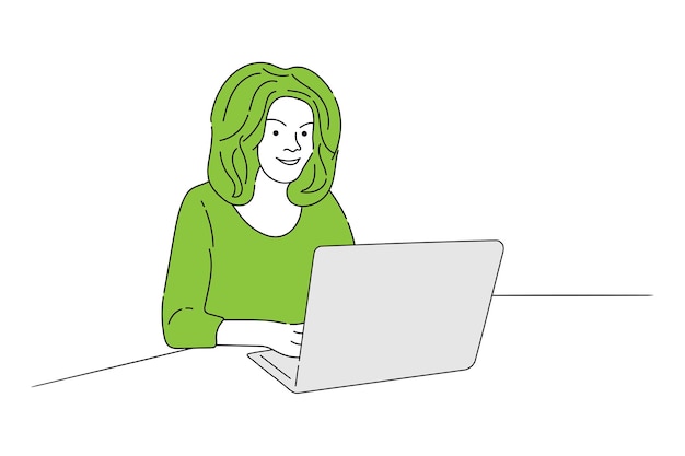 Ilustración de un diseño de vector de arte de línea de uso de computadora portátil para niñas
