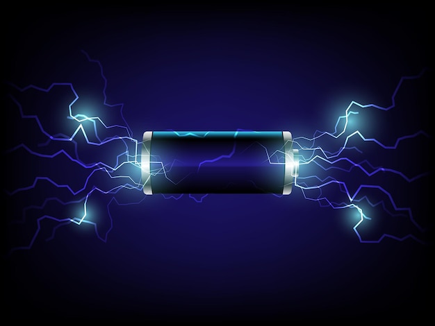 Ilustración de diseño de vector de batería de relámpago 3D Batería de celda AA de iones de litio en fondo azul oscuro