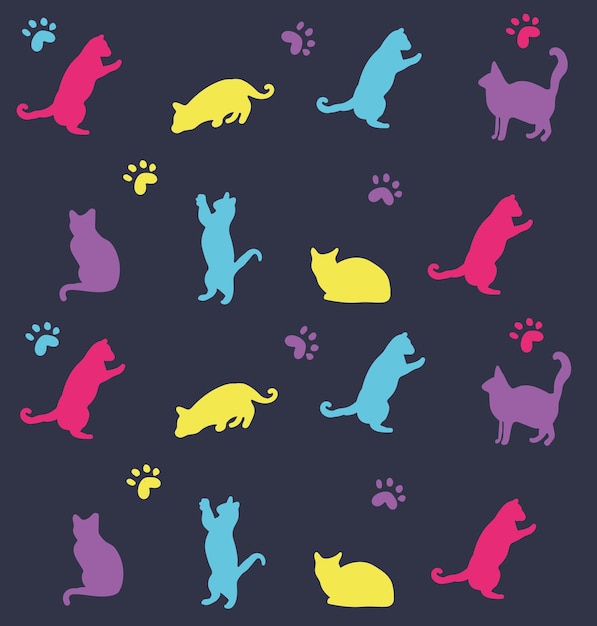 Ilustración de diseño de vector dibujado a mano de patrón de gato colorido