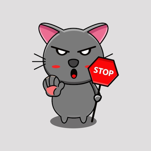 Ilustración de diseño vectorial de una mascota gato sosteniendo una señal de tráfico que dice parar