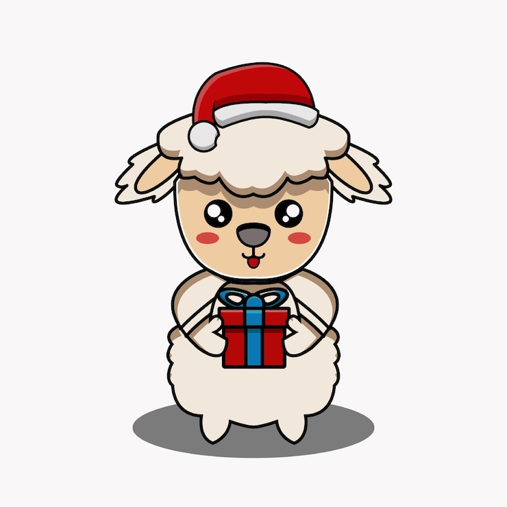 Vector ilustración de diseño vectorial de una mascota de oveja con un sombrero de navidad sosteniendo un regalo