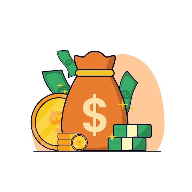 Ilustración de diseño vectorial de Money Safe rodeado de dinero con dibujos animados o estilo de diseño plano