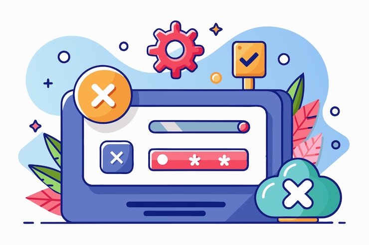 Vector una ilustración de un dispositivo digital con una pantalla de inicio de sesión que muestra una entrada de contraseña incorrecta con cruces rojas olvidó la contraseña personalizable ilustración desproporcionada