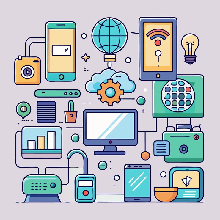 Vector ilustración de dispositivos conectados con una computadora, teléfonos, cámara y bombilla