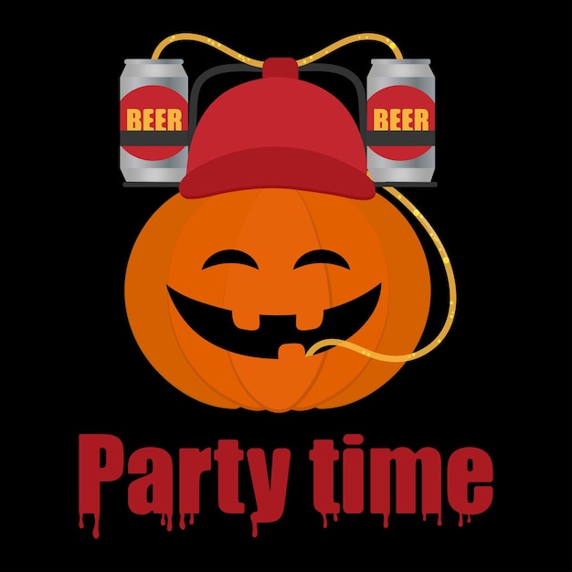 Vector ilustración divertida de calabaza vectorial poster feliz de halloween casco de cerveza lata de metal invitación para la fiesta