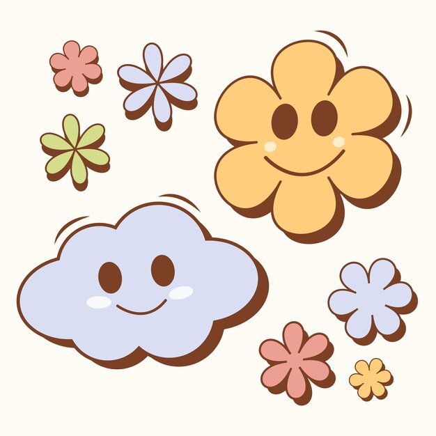 Una ilustración divertida y caprichosa con una nube sonriente y una flor feliz