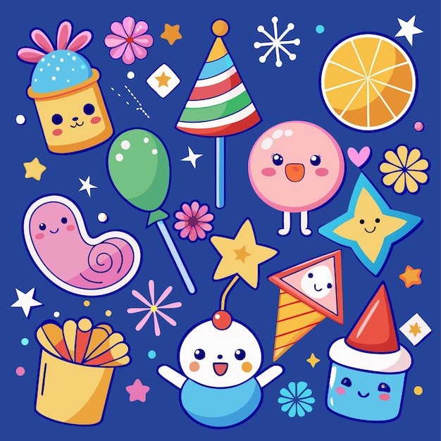 Una ilustración divertida y colorida con personajes y objetos de dibujos animados lindos, incluyendo un cactus, flores, estrellas, un sombrero de fiesta, una piruleta, un globo, un cohete, un copo de nieve y un trozo de naranja.