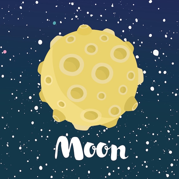 Ilustración divertida de dibujos animados de un cielo espacial nocturno con estrellas y una luna con cráteres
