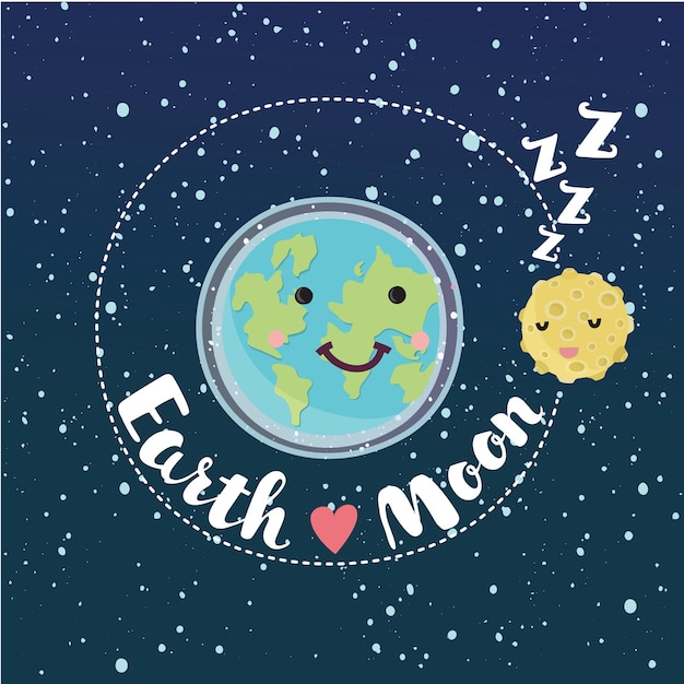 Ilustración divertida de dibujos animados de cute earth and moon gira en órbita.