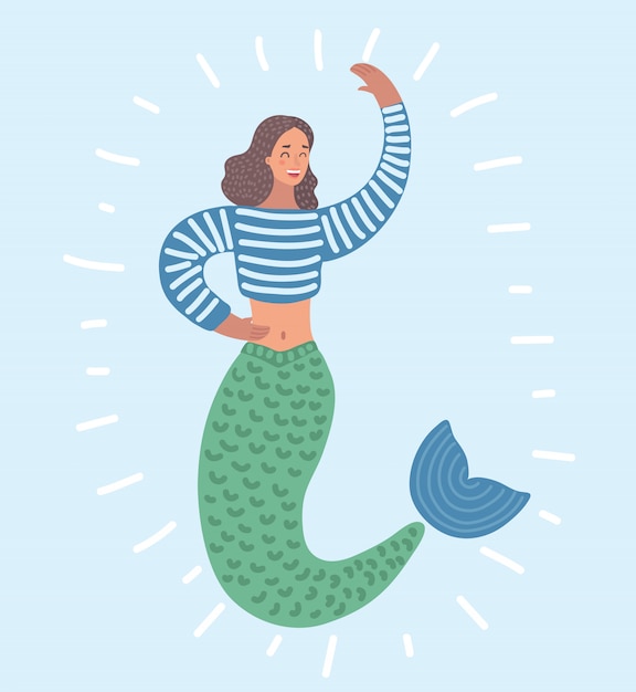 Ilustración divertida de dibujos animados de la imagen de una sirena saludando a usted. Personajes femeninos en fondo blanco aislado.