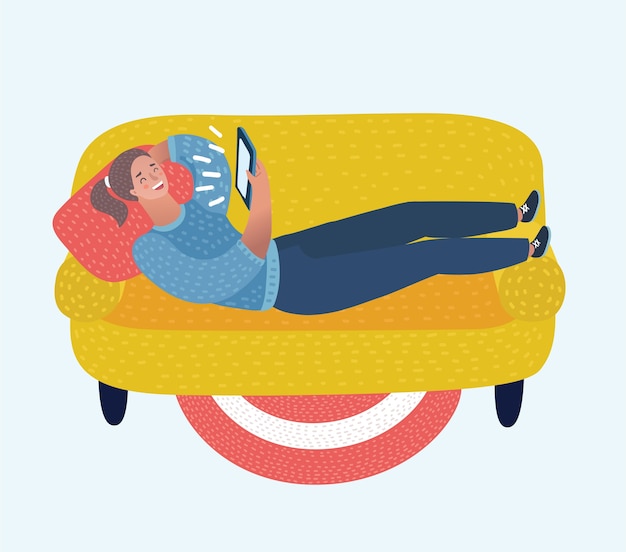 Ilustración divertida de dibujos animados de niña con tableta se acuesta en caídas en el sofá. Mentir, chatear, tener citas, educación y buscar información en la red. Diseño conceptual